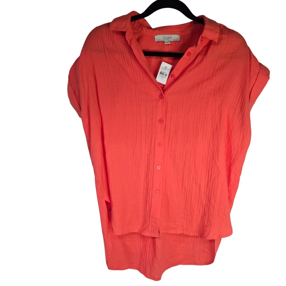 LOFT Crinkle Dolman Shirt Short Sleeve Button Down Women Small Coral